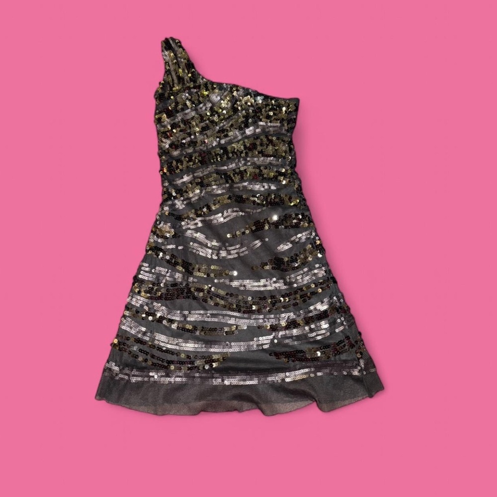 Y2K silver and grey sequin one shoulder dress